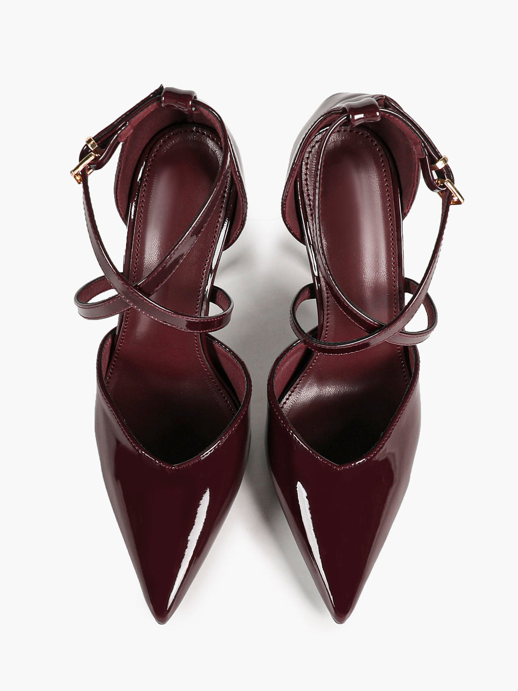 Burgundy Patent Leather Pointed Toe Crisscross Ankle Strap Stilettos High Heels with Soft Insole