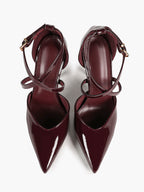 Burgundy Patent Leather Pointed Toe Crisscross Ankle Strap Stilettos High Heels with Soft Insole