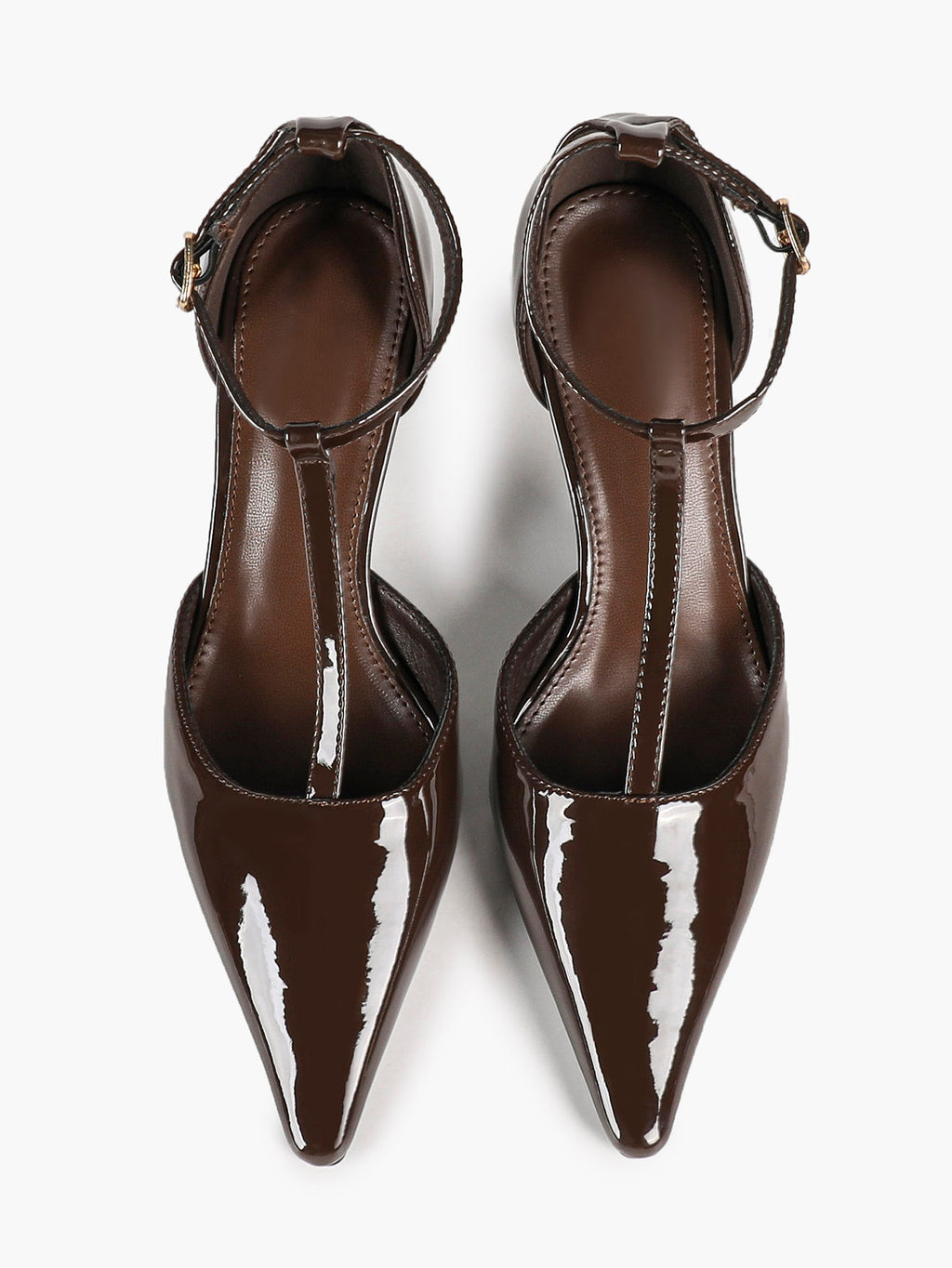 Parisian Stroll:  Chocolate Patent T-Strap Heels for All-Day Comfort