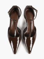 Parisian Stroll:  Chocolate Patent T-Strap Heels for All-Day Comfort