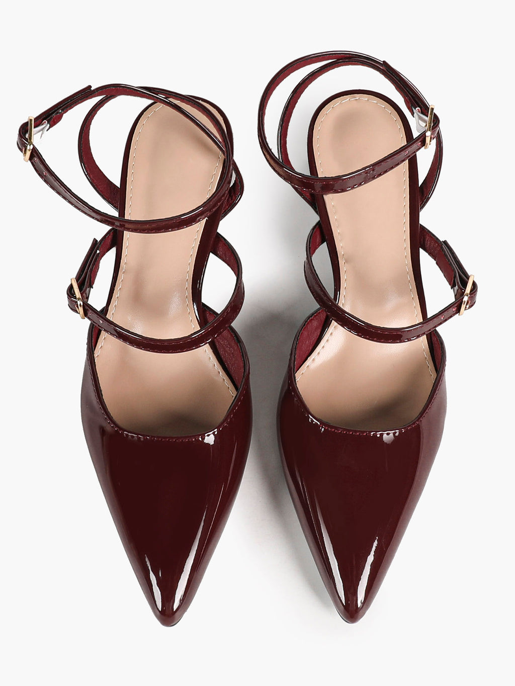 Burgundy Patent Cross-Strap Pointed-Toe Shoes with Comfort Block Kitten Heel