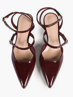Burgundy Patent Cross-Strap Pointed-Toe Shoes with Comfort Block Kitten Heel