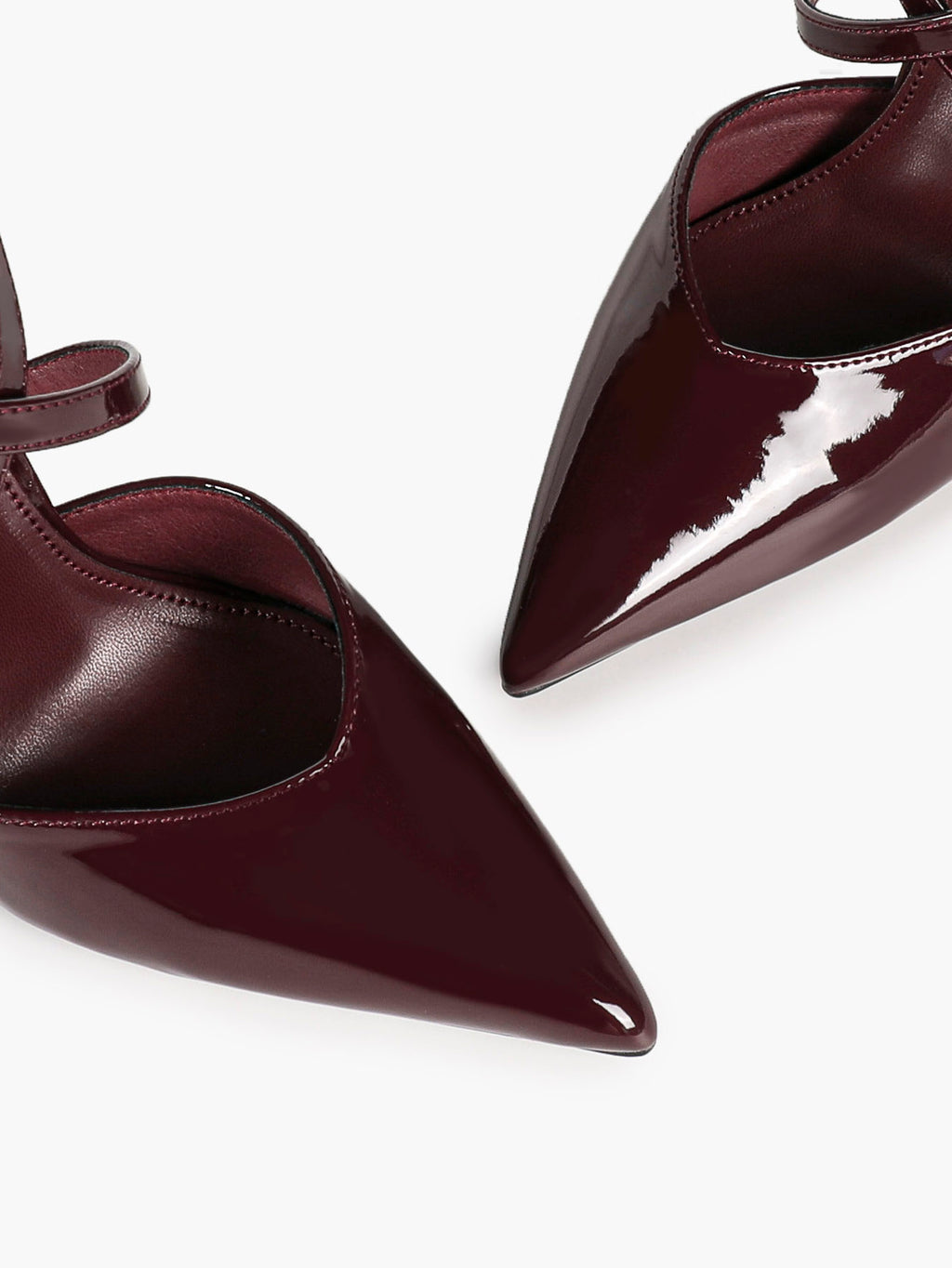 Burgundy Patent Leather Pointed Toe Crisscross Ankle Strap Stilettos High Heels with Soft Insole