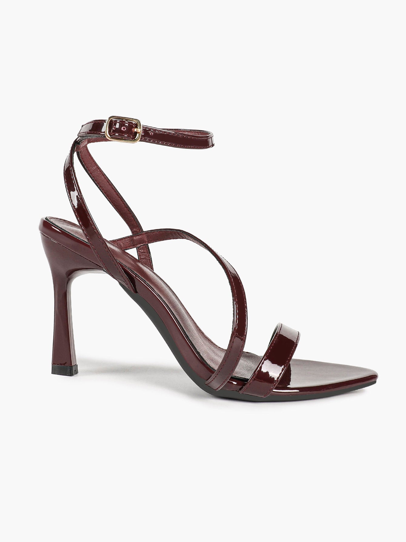 The Asymmetrical Staple: Deep Burgundy Patent Cross-Strap Heels with a 3.74" Stiletto