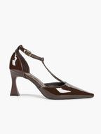 Parisian Stroll:  Chocolate Patent T-Strap Heels for All-Day Comfort