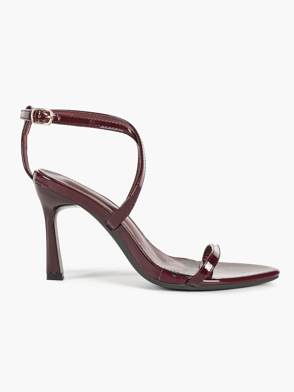 Minimalist Heels - Silver Patent Cross-Strap Sandals for Urban Chic