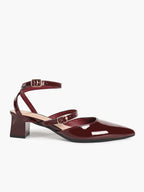 Burgundy Patent Cross-Strap Pointed-Toe Shoes with Comfort Block Kitten Heel