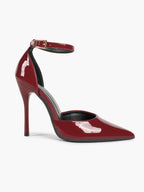 Glossy Red Wine Stiletto Pumps - Pointed Toe Ankle Strap Heels with Anti-Slip Sole