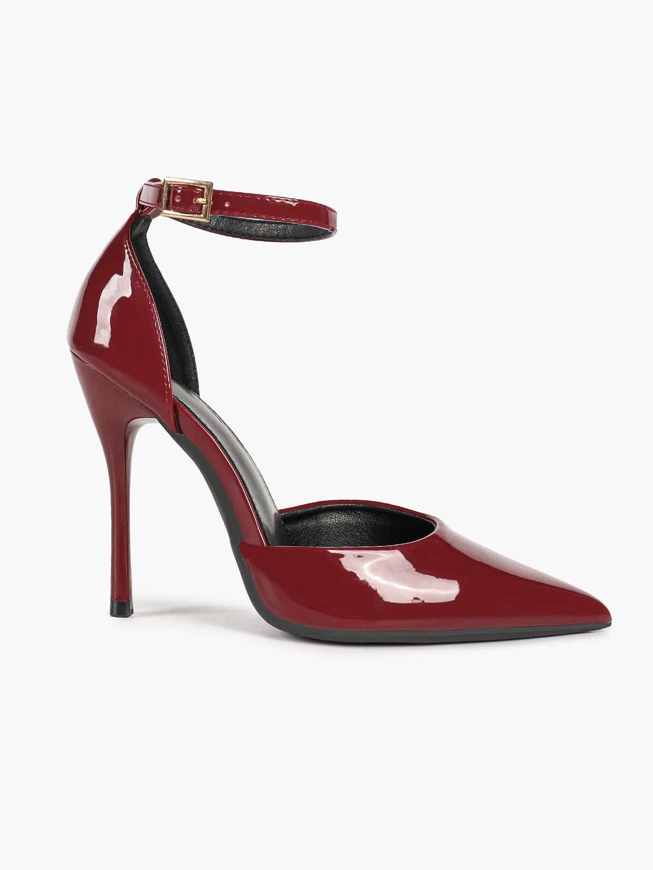 Glossy Red Wine Stiletto Pumps - Pointed Toe Ankle Strap Heels with Anti-Slip Sole