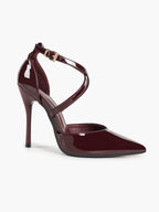 Burgundy Patent Leather Pointed Toe Crisscross Ankle Strap Stilettos High Heels with Soft Insole