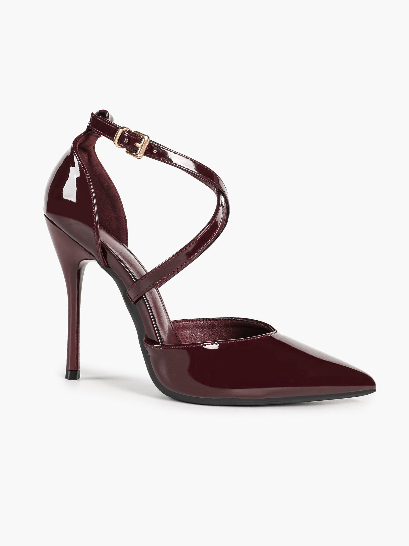 Burgundy Patent Leather Pointed Toe Crisscross Ankle Strap Stilettos High Heels with Soft Insole