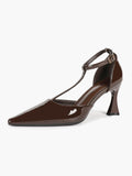 Parisian Stroll:  Chocolate Patent T-Strap Heels for All-Day Comfort
