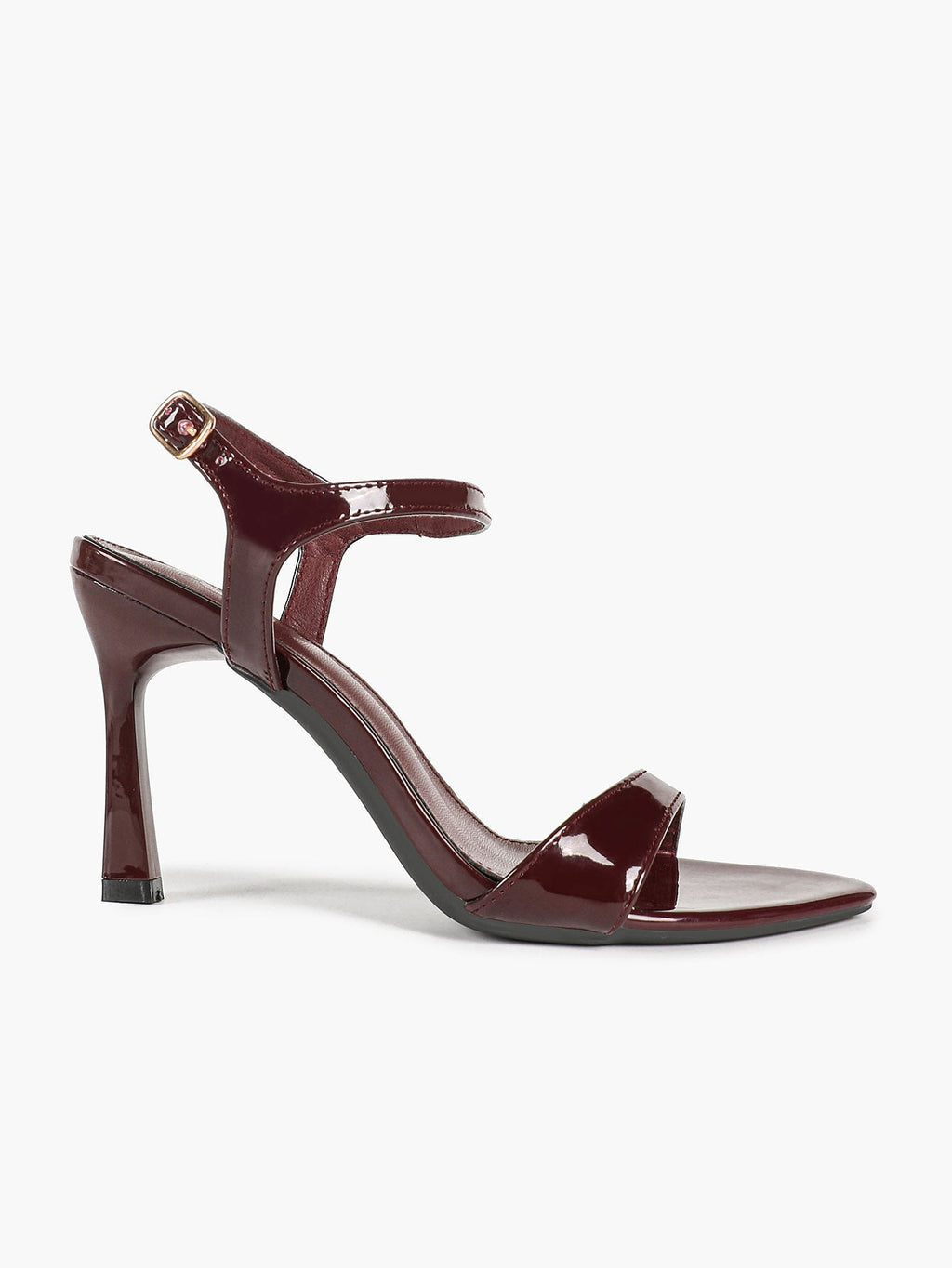 Deep Burgundy Patent Single-Strap Sandals - Minimalist Heels for Urban Chic