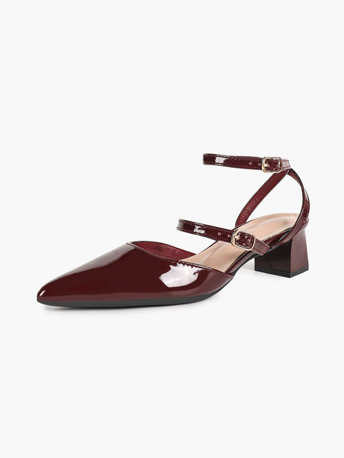 Burgundy Patent Cross-Strap Pointed-Toe Shoes with Comfort Block Kitten Heel ISHIFIVAN