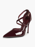 Burgundy Patent Leather Pointed Toe Crisscross Ankle Strap Stilettos High Heels with Soft Insole