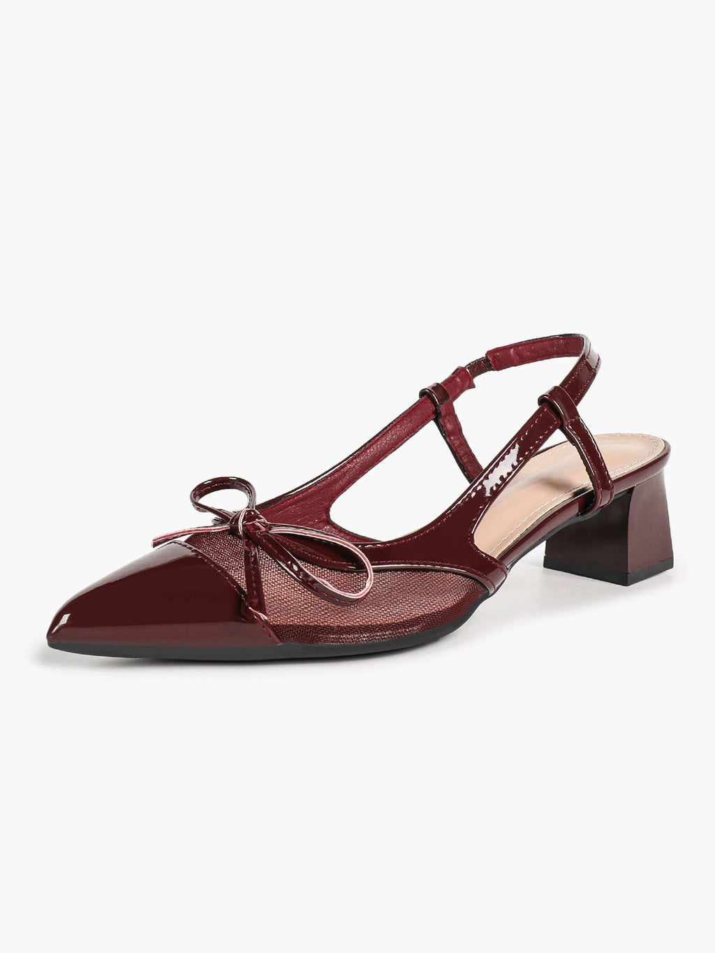 Burgundy Patent Bow Slingback Pumps with Mesh Panel and Comfort Heel