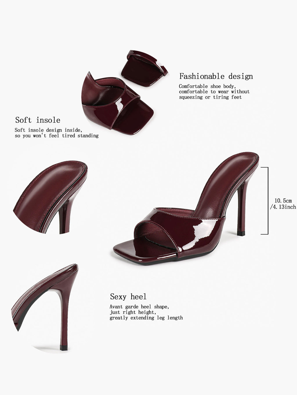 White Patent Leather Square Toe Single-Band Mule Heels Slip-On Stilettos with Soft Insole