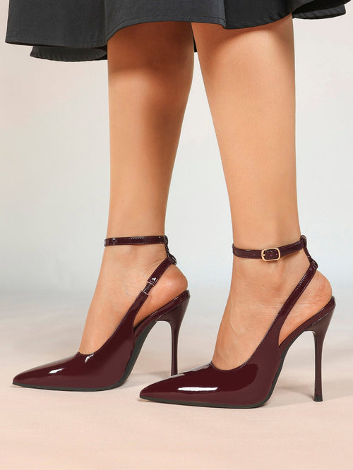 4.13" Burgundy Patent Slingback Heels - Pointed Toe with Non-Slip Tpu Sole