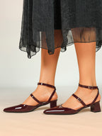 Burgundy Patent Cross-Strap Pointed-Toe Shoes with Comfort Block Kitten Heel