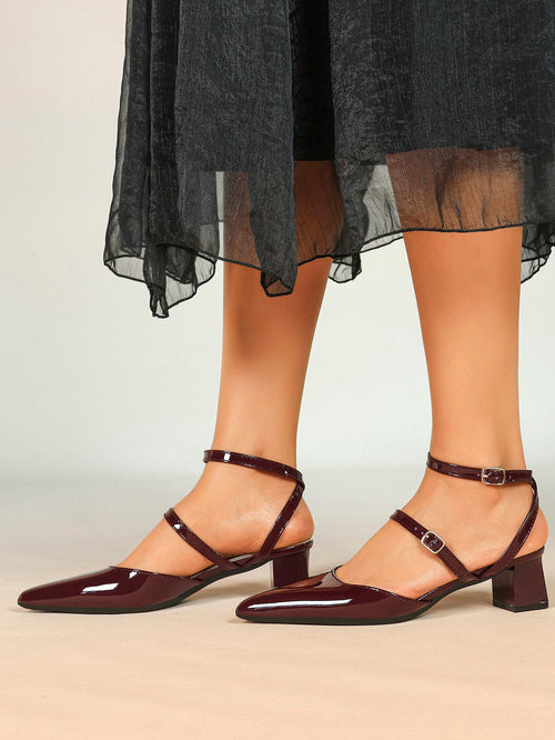 Burgundy Patent Cross-Strap Pointed-Toe Shoes with Comfort Block Kitten Heel ISHIFIVAN