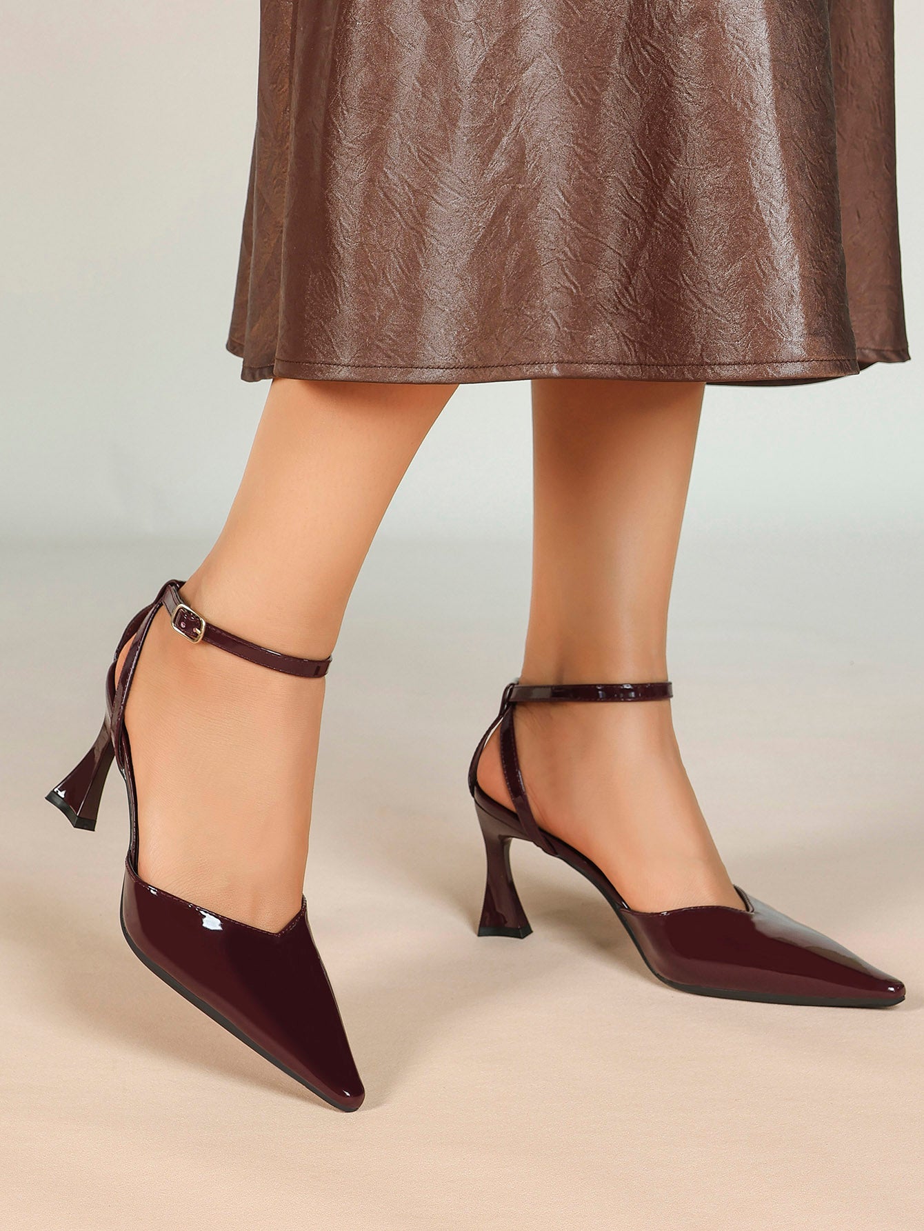 Comfort Flared Heel Slingbacks -  Burgundy Patent Pumps with Non-Slip Sole