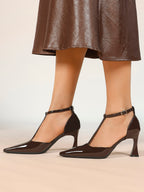 Parisian Stroll:  Chocolate Patent T-Strap Heels for All-Day Comfort