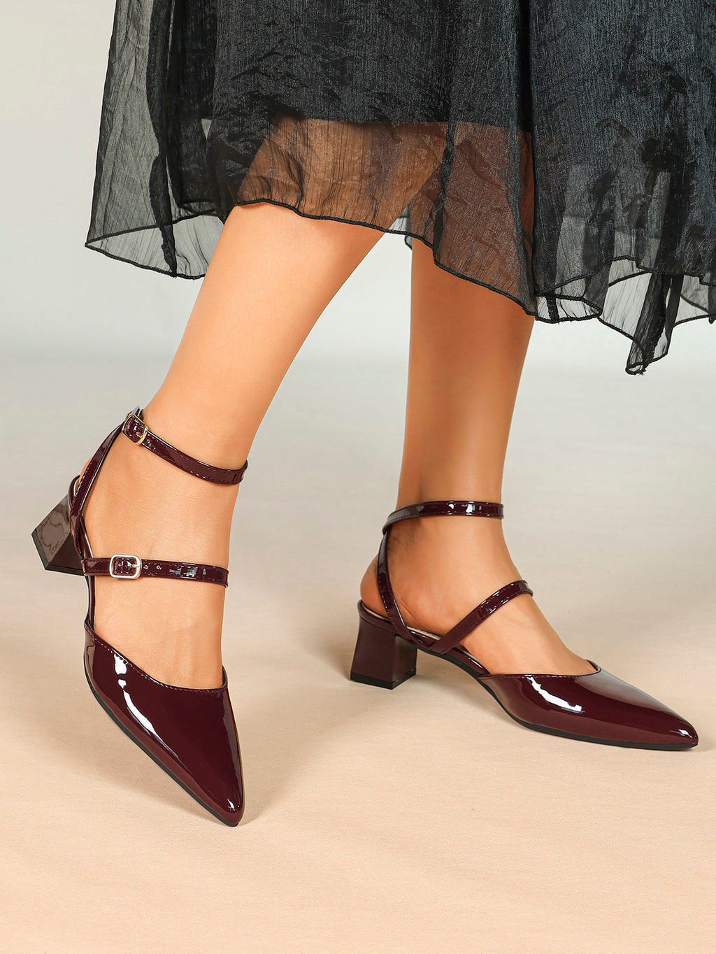 Burgundy Patent Cross-Strap Pointed-Toe Shoes with Comfort Block Kitten Heel