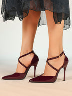 Burgundy Patent Leather Pointed Toe Crisscross Ankle Strap Stilettos High Heels with Soft Insole