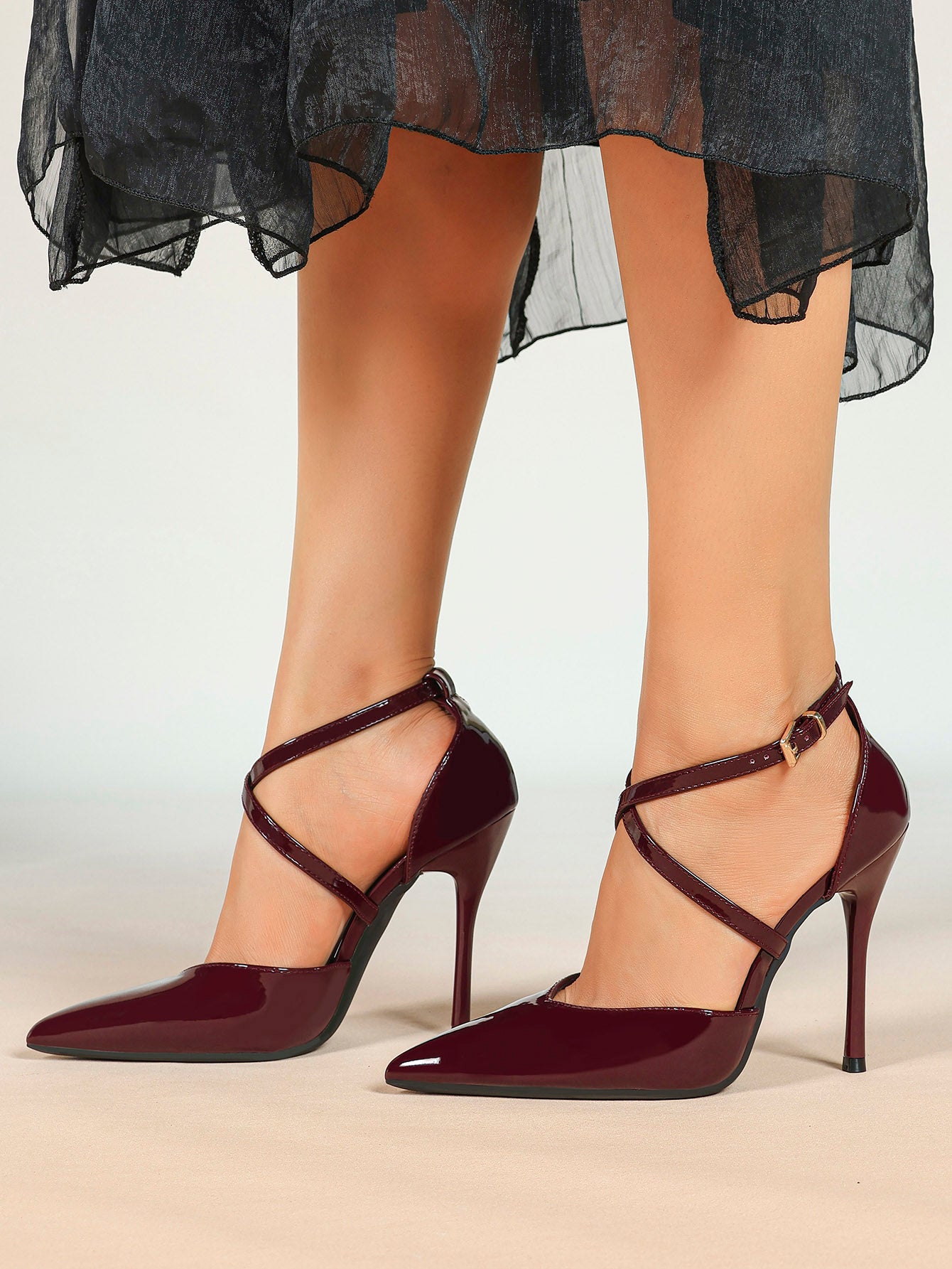 Burgundy Patent Leather Pointed Toe Crisscross Ankle Strap Stilettos High Heels with Soft Insole