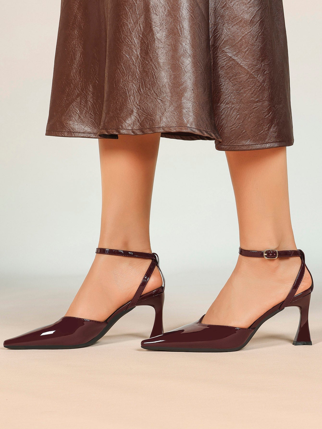 Comfort Flared Heel Slingbacks -  Burgundy Patent Pumps with Non-Slip Sole