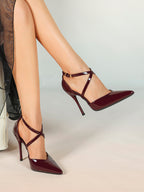 Burgundy Patent Leather Pointed Toe Crisscross Ankle Strap Stilettos High Heels with Soft Insole