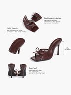 Pink Mesh Panel Bow Square Toe Heeled Mules Stiletto Slide Sandals Party Daily Wear