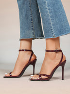 Black Patent Leather Ankle Strap Heeled Sandals Square Toe Stiletto Pumps