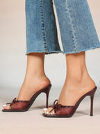 Pink Mesh Panel Bow Square Toe Heeled Mules Stiletto Slide Sandals Party Daily Wear