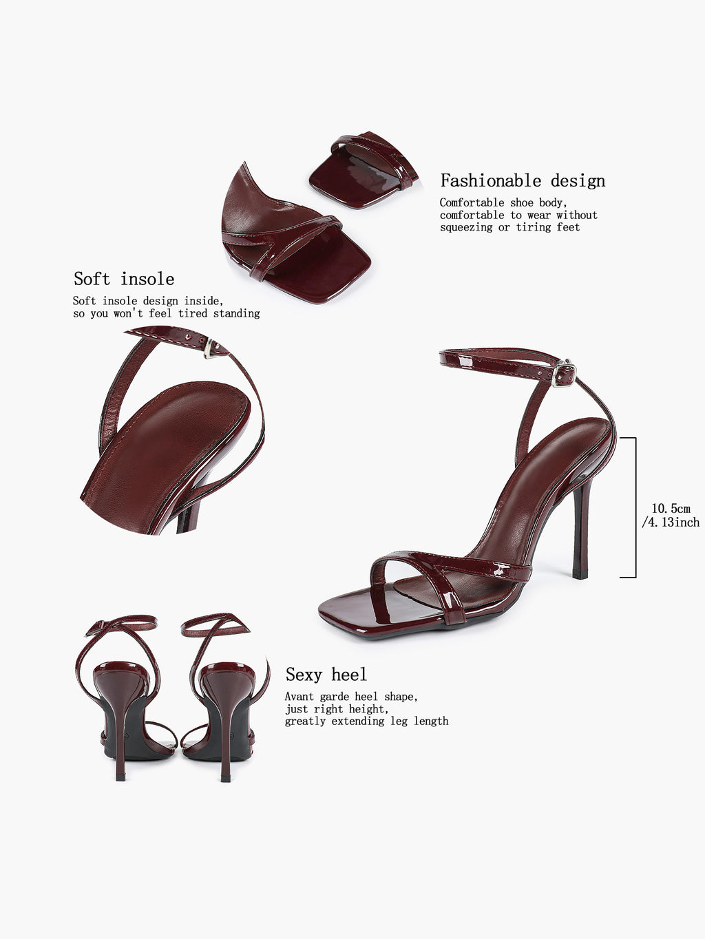 Black Patent Leather Ankle Strap Heeled Sandals Square Toe Stiletto Pumps