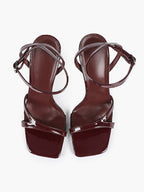 Black Patent Leather Ankle Strap Heeled Sandals Square Toe Stiletto Pumps