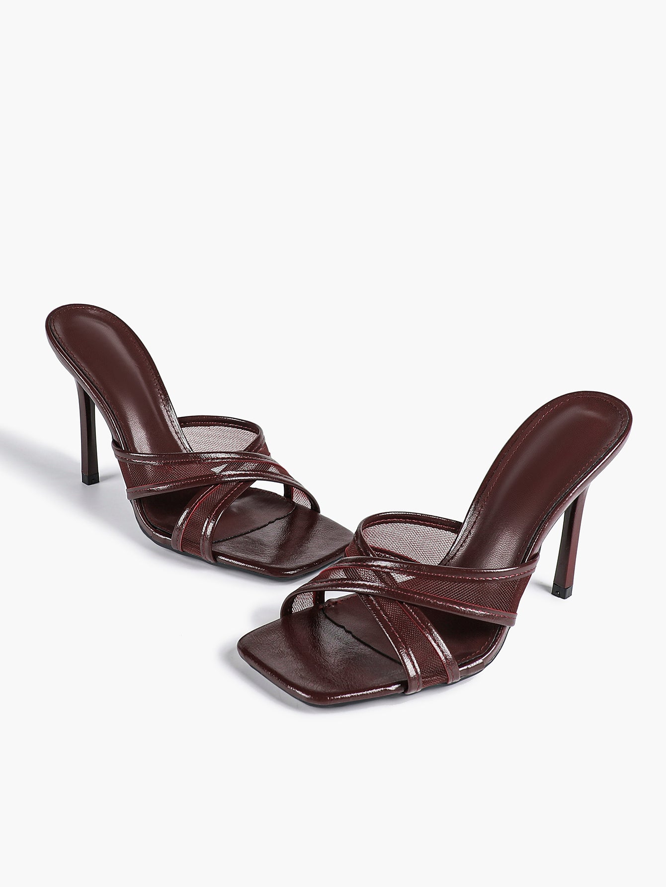 Mesh Panel Square Toe Heeled Mules Slide Sandals Party Clubwear