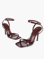 Black Patent Leather Ankle Strap Heeled Sandals Square Toe Stiletto Pumps