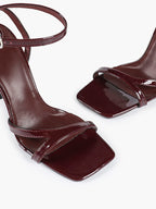 Black Patent Leather Ankle Strap Heeled Sandals Square Toe Stiletto Pumps