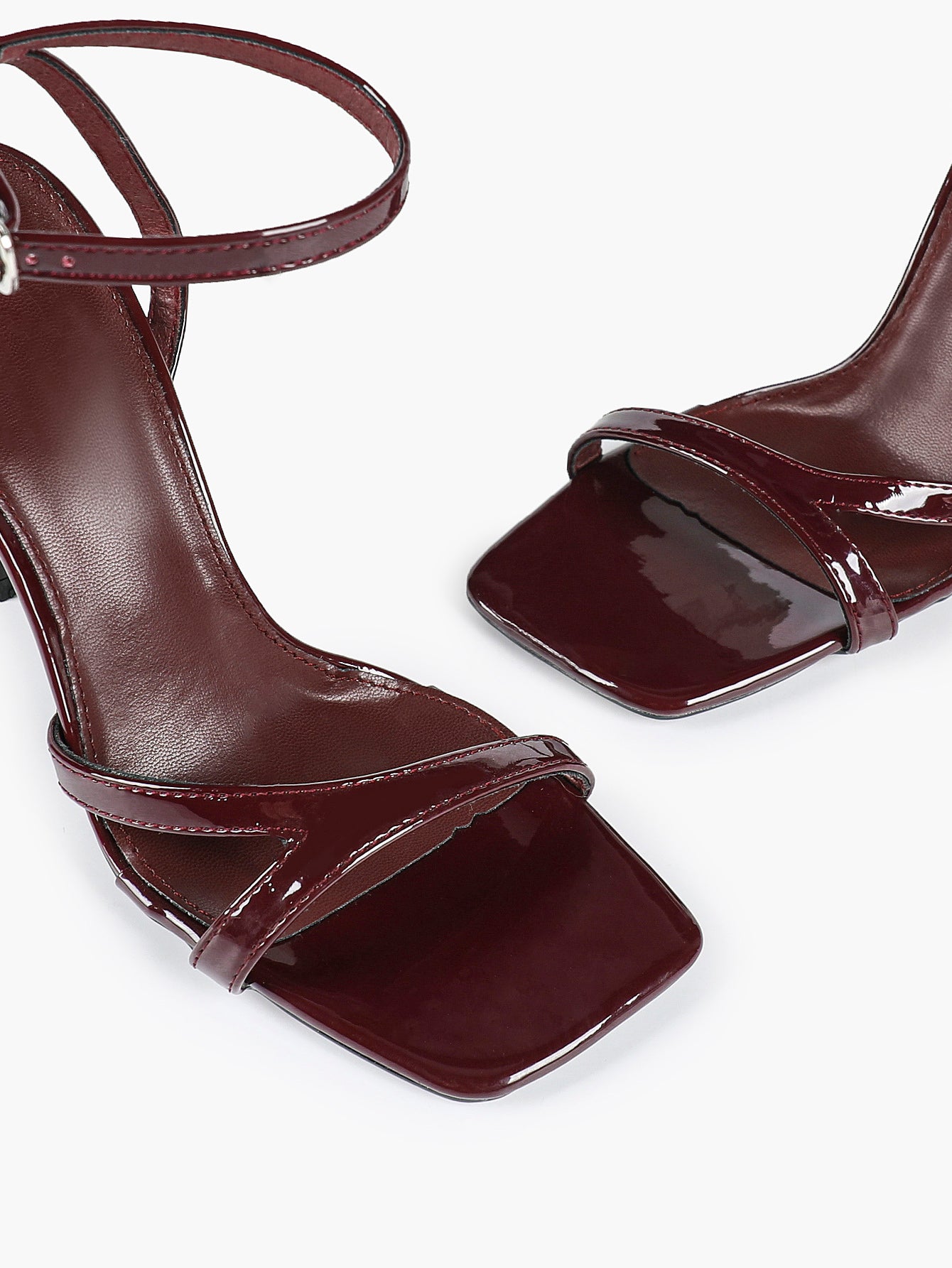 Black Patent Leather Ankle Strap Heeled Sandals Square Toe Stiletto Pumps