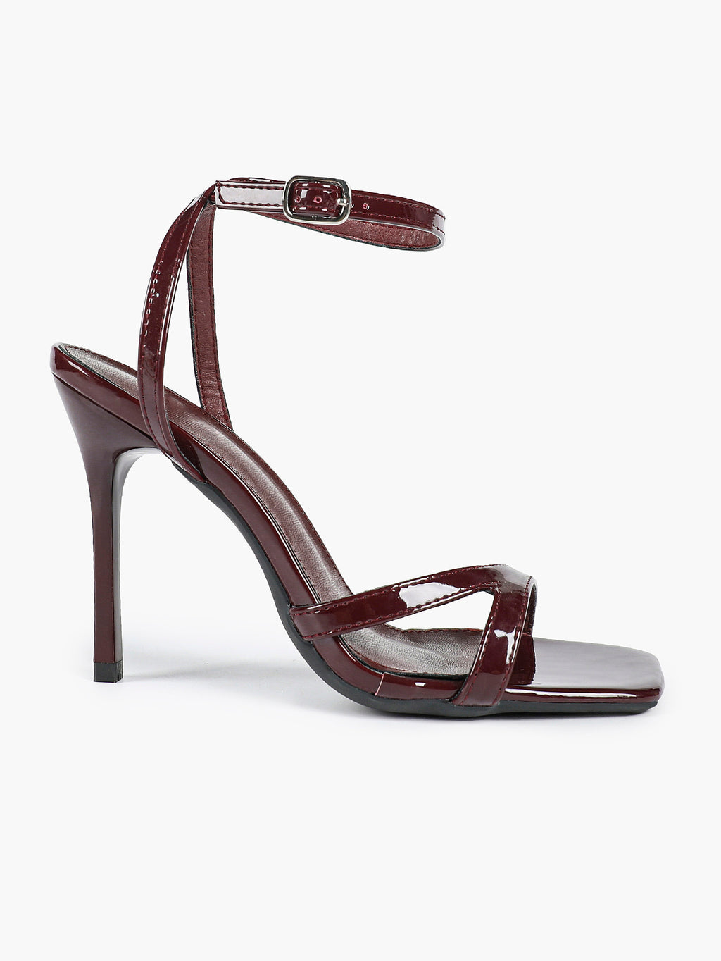 Black Patent Leather Ankle Strap Heeled Sandals Square Toe Stiletto Pumps