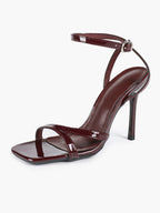 Black Patent Leather Ankle Strap Heeled Sandals Square Toe Stiletto Pumps