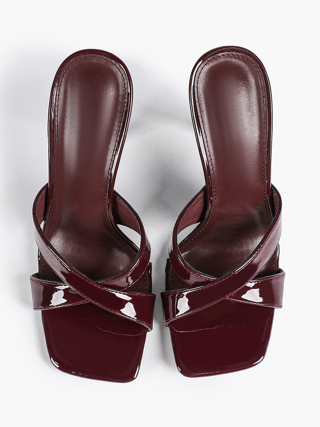 Women's Patent Leather Crisscross Strap High Heel Mules Square Toe Slip-On Stiletto Sandals