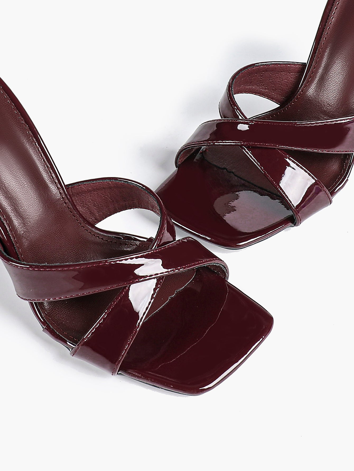 Women's Patent Leather Crisscross Strap High Heel Mules Square Toe Slip-On Stiletto Sandals