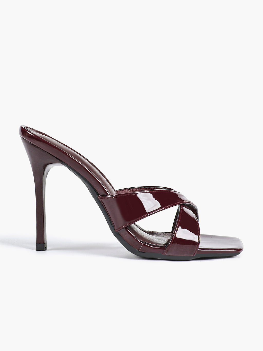 Women's Patent Leather Crisscross Strap High Heel Mules Square Toe Slip-On Stiletto Sandals