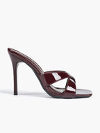 Women's Patent Leather Crisscross Strap High Heel Mules Square Toe Slip-On Stiletto Sandals