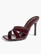 Women's Patent Leather Crisscross Strap High Heel Mules Square Toe Slip-On Stiletto Sandals