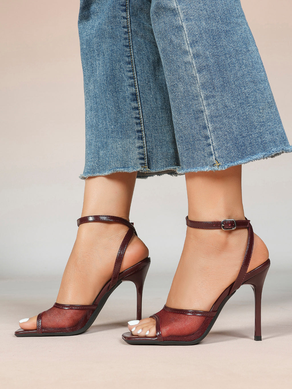 Mesh Panel Ankle Strap Heeled Sandals Square Toe Stiletto Pumps Wedding Party Office