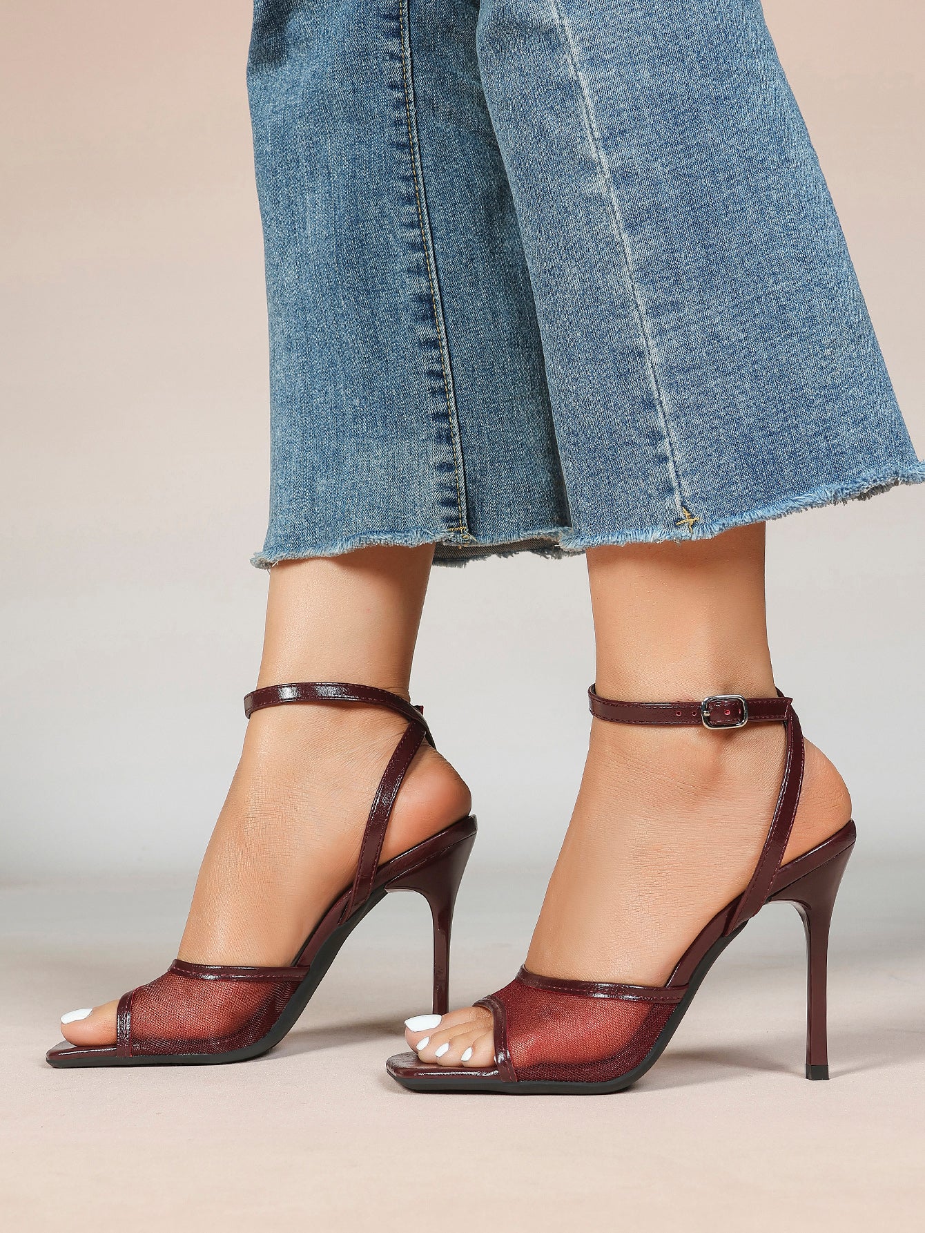 Mesh Panel Ankle Strap Heeled Sandals Square Toe Stiletto Pumps Wedding Party Office