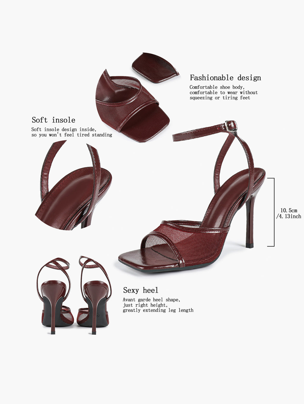 Mesh Panel Ankle Strap Heeled Sandals Square Toe Stiletto Pumps Wedding Party Office